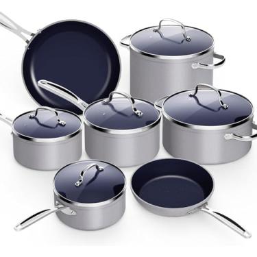 Imagem de Nuwave Conjunto de panelas leves forjadas de 12 peças, revestimento ultra antiaderente de cerâmica Duralon saudável G10, tampas de vidro temperado ventiladas, alças que permanecem frias, prontas para