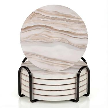 Imagem de VEYRO Conjunto de 6 porta-copos para bebidas – Porta-copos de cerâmica absorvente com suporte de cortiça para mesa de centro e mesa, conjunto de porta-copos moderno com aparência de mármore, presente