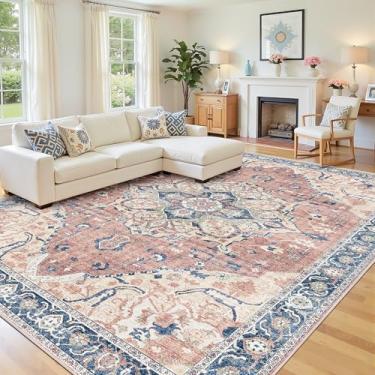 Imagem de Tapete lavável rosa 22 x 30,5 cm - Tapete vintage de lã sintética BohoFarmhouse para berçário e sala de estar - Tapete antiderrapante lavável na máquina com suporte de TPE, decoração de quarto de