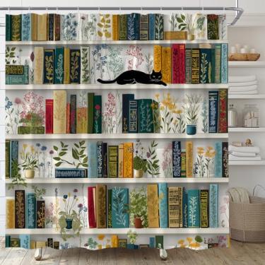 Imagem de Biblioteca de cortina de chuveiro vintage flor vaso plantas folhas verdes gato preto gatinho estante livro floral leitura livros tecido decoração banheiro conjunto com ganchos (70 polegadas x 178 cm A