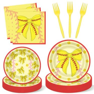 Imagem de Havawish 96 peças de coquete de softball, artigos de festa, softball, esportes, decoração de festa de aniversário, pratos e guardanapos de papel descartáveis para chá de bebê, utensílios de mesa