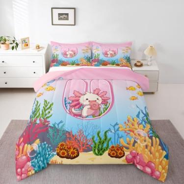 Imagem de Erosebridal Jogo de cama infantil fofo com estampa de Axolotl com letra U, para meninas e adolescentes, rosa, azul, oceano, salamandra, kawaii, desenho kawaii