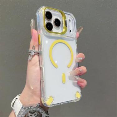 Imagem de SFDSUH Capa transparente magnética para iPhone 16 Pro Max com carregamento sem fio, protetor de lente de vidro e suporte (para iPhone 16 Pro Max/Amarelo)
