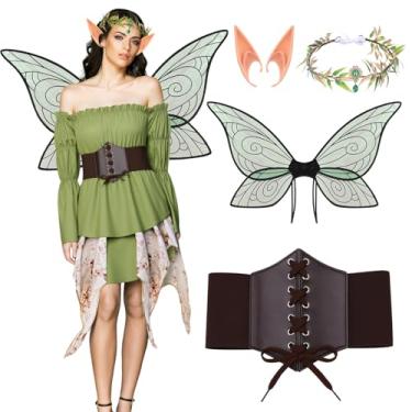 Imagem de ZhouBoat Vestidos curtos renascentistas, fantasia de fada para mulheres com coroa de folha, asas de orelha de elfo e espartilho cosplay de Halloween, M