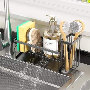 Imagem de MODRACKLY Suporte de esponja e organizador de pia – Organizador de pia de cozinha à prova de ferrugem com dispensador de sabão, suporte de escova alto - armazenamento de bancada para esponjas
