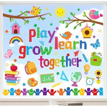 Imagem de JarThenaAMCS Adesivos aderentes de janela de volta às aulas Play Learn Grow Together Decalques de vidro dupla face para decoração de parede de festa em sala de aula em casa, 6 folhas