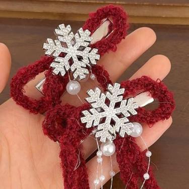 Imagem de 1 presilha de cabelo com laço de pelúcia doce com borla de pérola longa feminina outono inverno vinho tinto duplo rabo de cavalo bico de pato grampo de cabelo