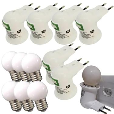 Imagem de Kit 6 Adaptadores de Tomada com Bocal E27 e Botão Liga/Desliga + 6 Lâmpadas Bolinha Branca 15W 127V, Padrão Brasileiro