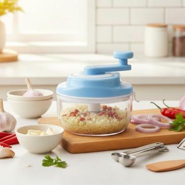 Imagem de Espremedor manual de alho com alça rotativa – Triturador de alho de plástico e moedor de gengibre, ferramenta de cozinha sem BPA para preparação de alimentos (azul)