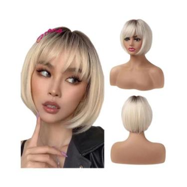 Imagem de Peruca Sintética Curta Lisa Branca Loira Cinza Com Franja Para Mulhere