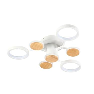 Imagem de Luminárias de teto LED modernas em madeira minimalista, ideais para iluminação de cozinha ou decoração de sala de estar. LED dimerizável com controle remoto, semi-embutida (7 lâmpadas, branc