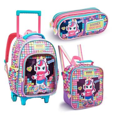 Imagem de Kit Mochila Rodinha Lancheira Estojo Feminino Gamer Uniconio