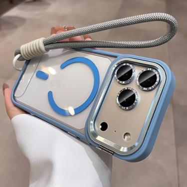 Imagem de Capa com suporte para câmera para iPhone 17 Pro Max Air, alça de pulso, película protetora para lente, compatível com iPhone 16, 15, 14 Plus, 11, 12, 13 Pro Max, Azul Celeste GS, para iPhone 15 Pro