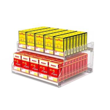 Imagem de Rack de exibição de cigarro trapezoidal de acrílico, caixa de exibição de cigarro de supermercados com empurrador automático de loja de expositor organizador de armário de varejo (32,5 cm x 29 cm x