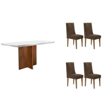 Imagem de Mesa Cozinha Berlim c/ Tampo Madeirado c/ Vidro Canto Curvo 120x80cm e 4 Cadeiras Pietá Madeira Maciça Naturale/Off White - Capuccino/Linho Capuccino-