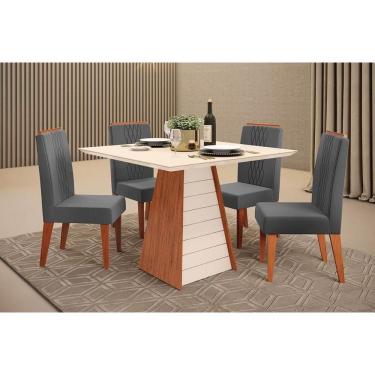 Imagem de Conjunto: Mesa de Cozinha Fler c/ Tampo Madeirado c/ Vidro 90x90cm e 4 Cadeiras Lia Freijo/Off White - Suede Lunar - DJ Móveis