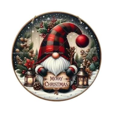 Imagem de Placa De Madeira Feliz Natal 2D Com Gnomo E Boneco De Neve Para Pendur