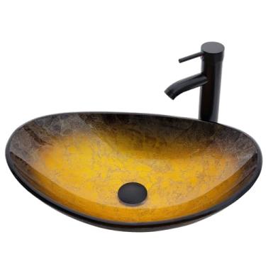 Imagem de YIMAI Ingenuity Pia de banheiro pia de banheiro bacia de arte de vidro temperado 52,8 cm x 34,8 cm tigela oval acima do balcão com combinação de torneira e ralo pop-up, pia oval dourada moderna para