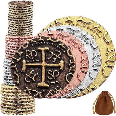Imagem de Leib Games Moedas piratas de metal - 36 moedas de ouro, Ros ouro, prata e bronze para jogos de mesa para adultos, jogos de tabuleiro para crianças, baú do tesouro, DND, Gloomhaven dinheiro falso