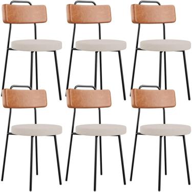 Imagem de Kit 06 Cadeiras Decorativas Estofada Sala Jantar Barcelona L02 Couríssimo Camel Linho Bege - Lyam
