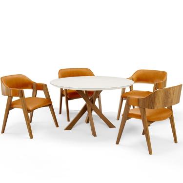 Imagem de Mesa De Jantar Redonda Cora 120cm Off White M04 com 04 Cadeiras Living Suran Couríssimo Whisky - Lyam