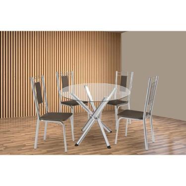 Imagem de Conjunto: Mesa Sala Jantar Volga C- Tampo De Vidro 95cm E 4 Cadeiras Florença Cromada - Courano Marrom - Kappesberg