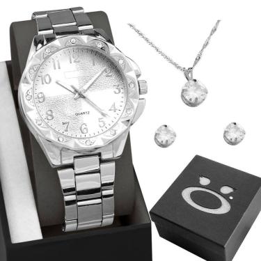 Imagem de Relógio Feminino Prata Aço + Brincos Colar Strass + Caixa