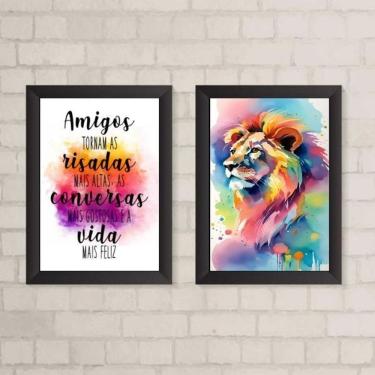 Imagem de Kit 2 Quadros Leão Amigos 24x18cm - Vidro e Moldura Branca