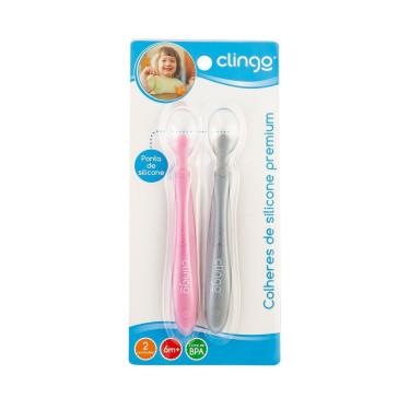 Imagem de Colheres Silicone Premium Clingo - Cores Rosa E Cinza - 2 Unidades