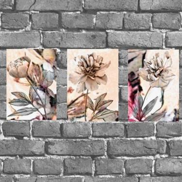 Imagem de Kit 3 Placas Decorativas Flores Neutras 18x27cm
