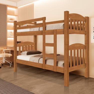 Imagem de Beliche Rubi com Escada e Grade de Proteção em MDF Amadeirado para Quarto Infantil