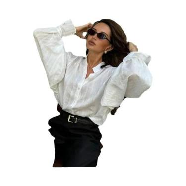 Imagem de Camisa Branca De Algodão Oversize Feminina De Manga Longa, Blusa Básic