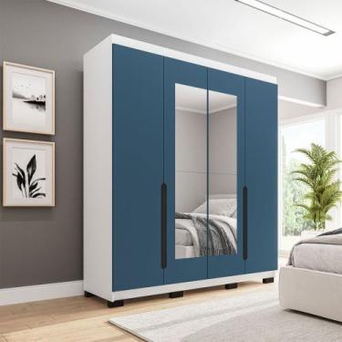 Imagem de Guarda-Roupa Casal Madrid 4 Portas 4 Gavetas com Espelho Azul/Branco -