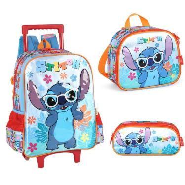 Imagem de Mochila de carrinho com rodinhas + Estojo+ Lancheira Infantil Escolar Stitch Luxcel-Feminino