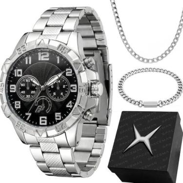Imagem de relogio masculino aço prata + pulseira + corrente + caixa analogico ca