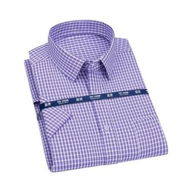 Imagem de Camisa Social Masculina De Manga Curta Azul Roxo Xadrez Listrada Cláss