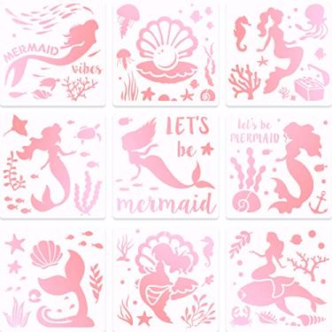 Imagem de 9 peças de estênceis de sereia de 20 cm de pérola, concha, cavalo marinho, água-viva, modelo de pintura com tema de sereia para fazer cartões de arte, scrapbook, faça você mesmo, pintura de piso de parede de móveis em tecido de madeira