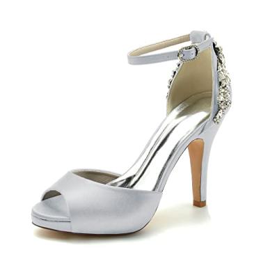 Imagem de Sapatos de noiva stiletto sapatos femininos de cetim salto alto marfim peep toe sapatos com strass 36-42,Silver,7 UK/40 EU