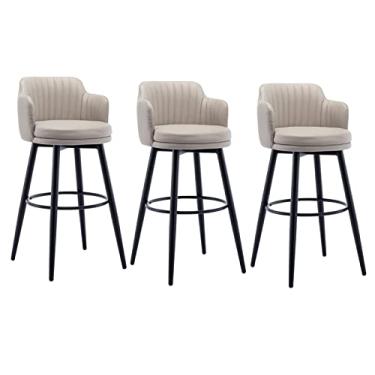 Imagem de Bancos De Barra Giratória Conjunto De 3 Com Cadeira De Barra De Ilha De Cozinha Lombar, Altura Do Balcão Com Braços, Assento Estofado De Cromo De Couro Nappa, Para Barras, Café, Lounge, Pubs