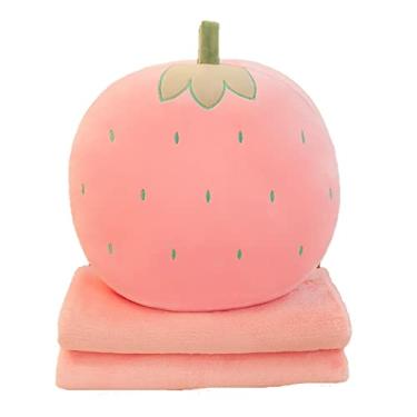 Imagem de Yajun Cobertor e travesseiro de viagem 3 em 1 almofada quente colcha de mão forma de frutas brinquedo de pelúcia decoração de casa sofá cama de escritório cobertor de soneca, rosa, 35 * 35 cm