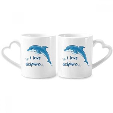 Imagem de Conjunto de canecas de porcelana I Love Dolphins Illustrate Couple Porcelain Mug Cup Heart Handle