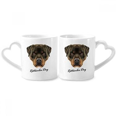 Imagem de Conjunto de canecas de porcelana para casais de animais de estimação rottweiler preto feroz copo de cerâmica coração alça