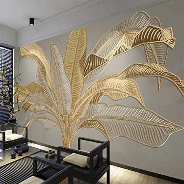 Imagem de Papel de parede com foto personalizada 3D estéreo dourado relevo folha de bananeira mural sala de estar tv sofá estudo arte abstrata pintura de parede 3D afresco 350 cm (L)×245 cm (A)