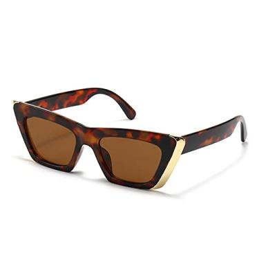 Imagem de Óculos de sol de aro de metal dourado de luxo olho de gato feminino na moda tons pretos óculos de rua armação grande óculos retangulares, chá de leopardo C1, tamanho único