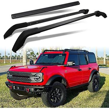 Imagem de 4 peças serve para Ford Bronco 2022 2023 2 portas 4 portas trilho de bagagem preto alumínio trilho rack barras transversais
