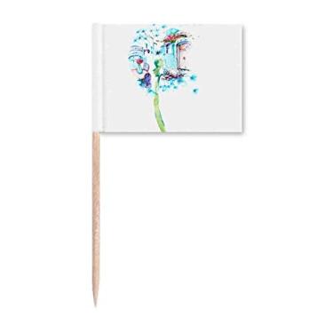 Imagem de Vaso de mesa de dente-de-leão com pintura em aquarela, bandeiras de palito de dente, enfeite de festa