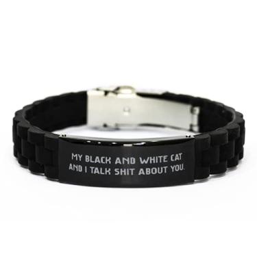 Imagem de SpreadPassion My Black and White. Bracelete com fecho Glidelock preto e branco, presentes engraçados de gato preto e branco, pulseira gravada para amantes de gatos