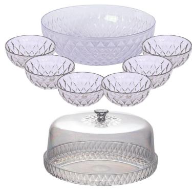 Imagem de Kit boleira baixa, saladeira e 6 tigelas de plástico Cristal incolor Plasutil