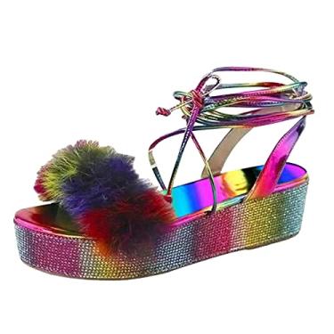 Imagem de Sandálias femininas casuais de pelúcia com tira no tornozelo bico aberto moda confortável cristal colorido salto cunha sapatos de verão para mulheres (multicolorido, 37)