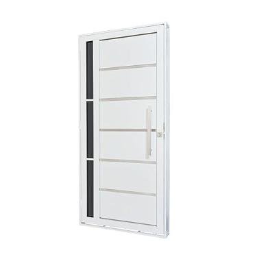 Imagem de Porta de Aço Lambri 215x100cm com Friso e Puxador Inox Lateral Vidro Fumê Batente 12cm Qualitysol Ramassol